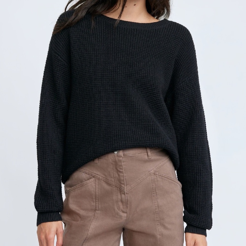Wilfred Free Black Merino Wool Waffle Knit Crewneck Sweater Large Relaxed Fit